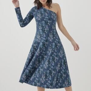 Pact One Shoulder Fit Flare Dress Large Blue Floral Organic Cotton Midi